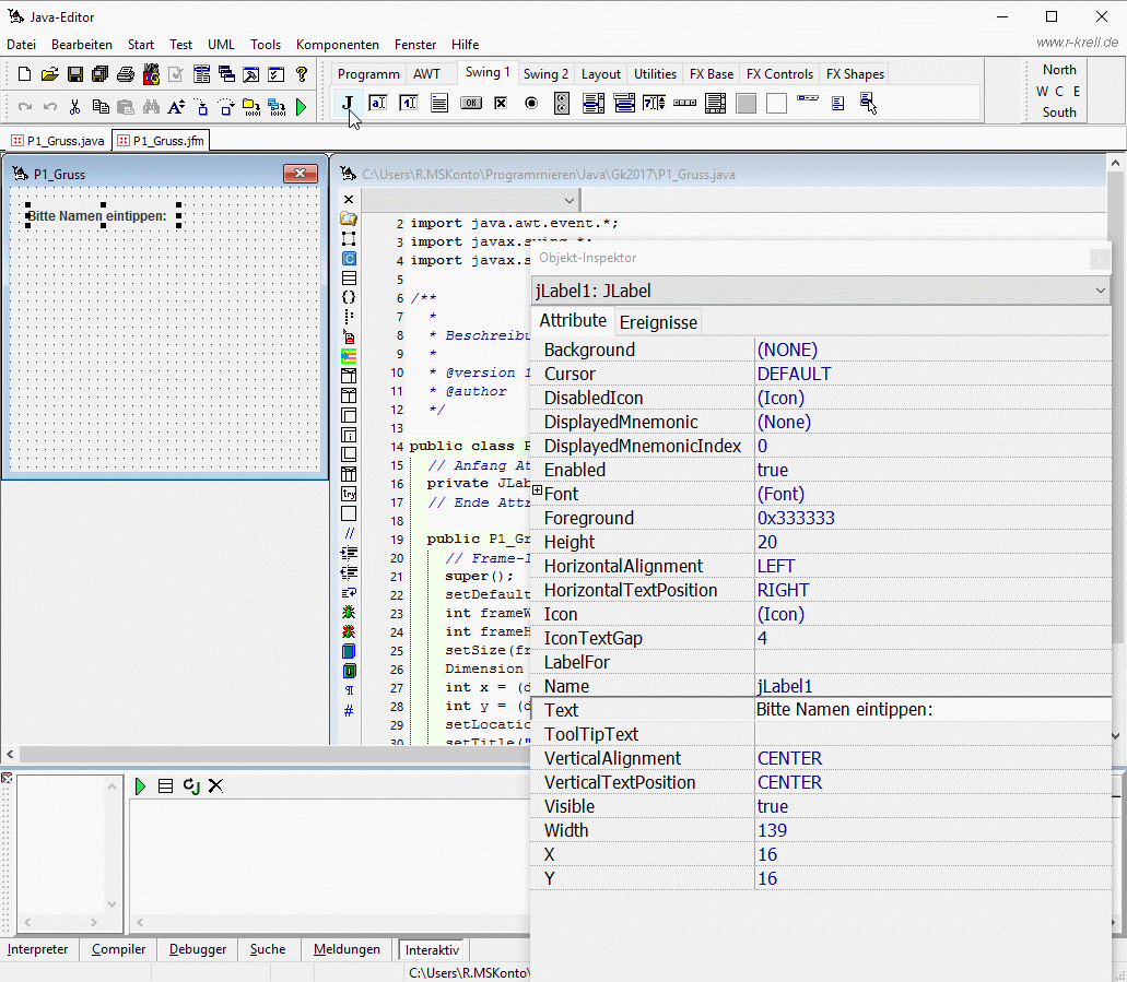 Ansicht Java-Editor beim Erstellen der Oberfläche