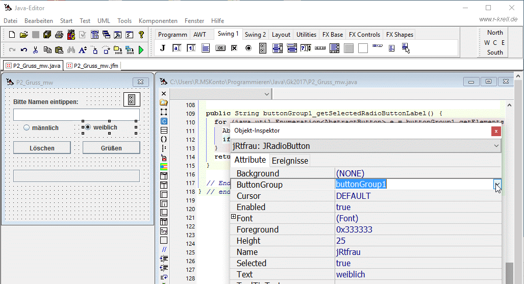 Ansicht Java-Editor mit Oberflächenformular und ButtonGroup