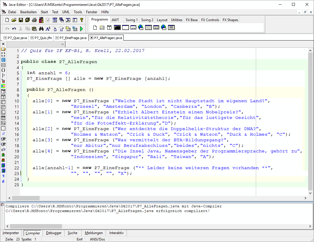 Quelltext der Klasse P7_AlleFragen mit Reihung alle im Javaeditor