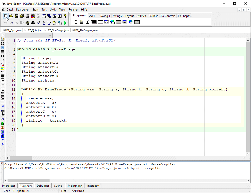 Quelltext der Klasse P7_EineFrage im Javaeditor