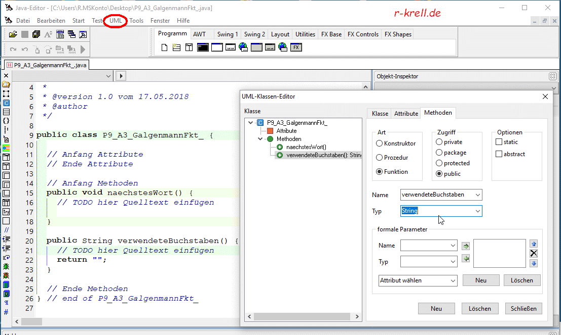 Bildschirmfoto: Javaeditor mit UML-Klassen-Editor für GalgenmannFkt