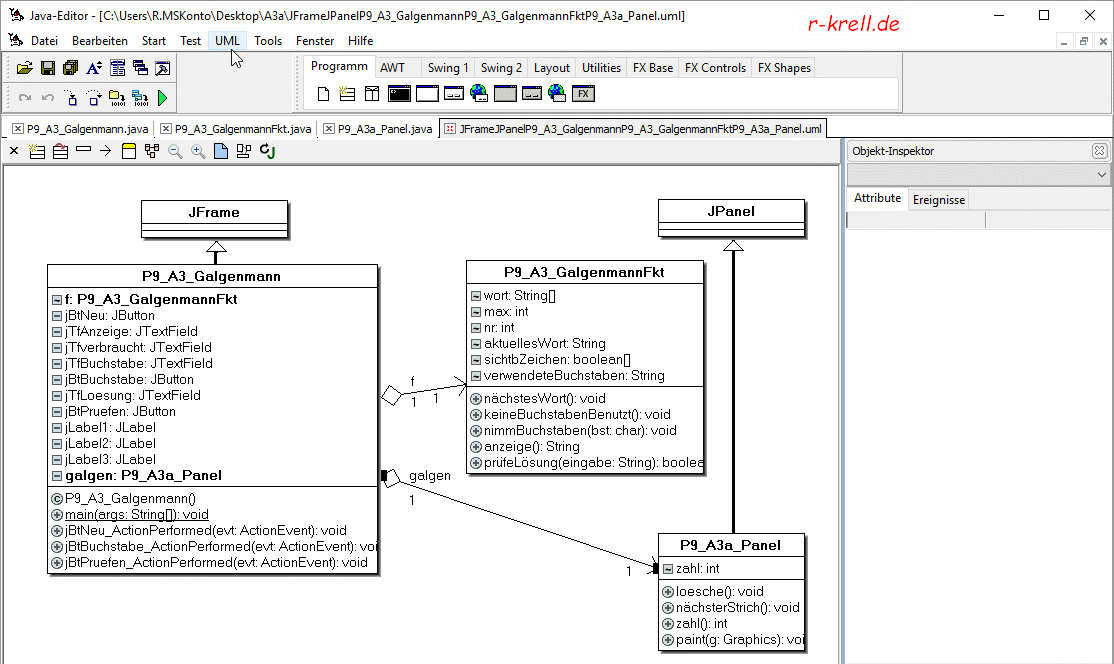 Bildschirmansicht: Javeeditor mit UML-Diagramm von P9_A3a
