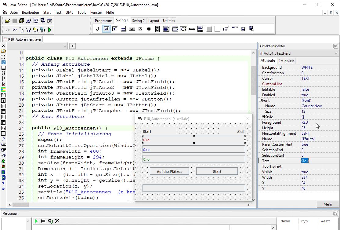 Bildschirmfoto: Javaeditor mit GUI-Builder für Oberfläche P10_Autorennen