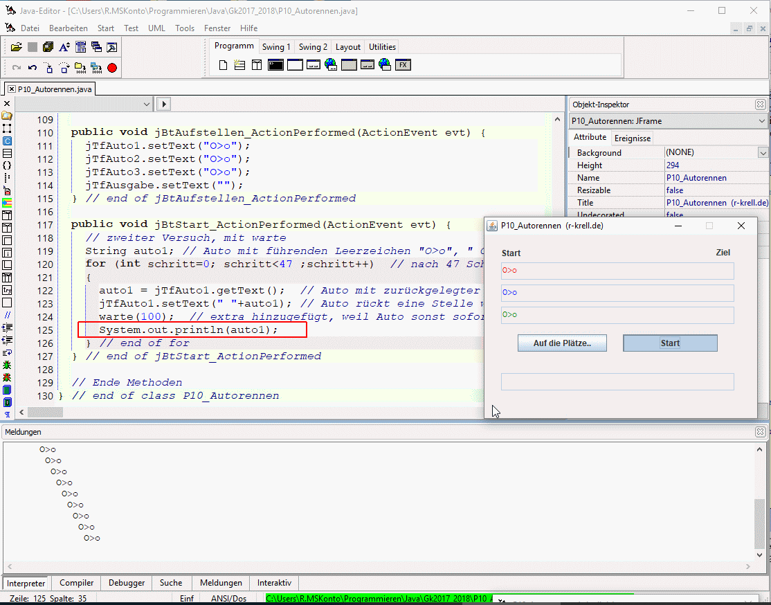 Bildschirmfoto; Javaeditor mit Zusatzzeile 125, Kontrollausgabe und laufendem Programm P10
