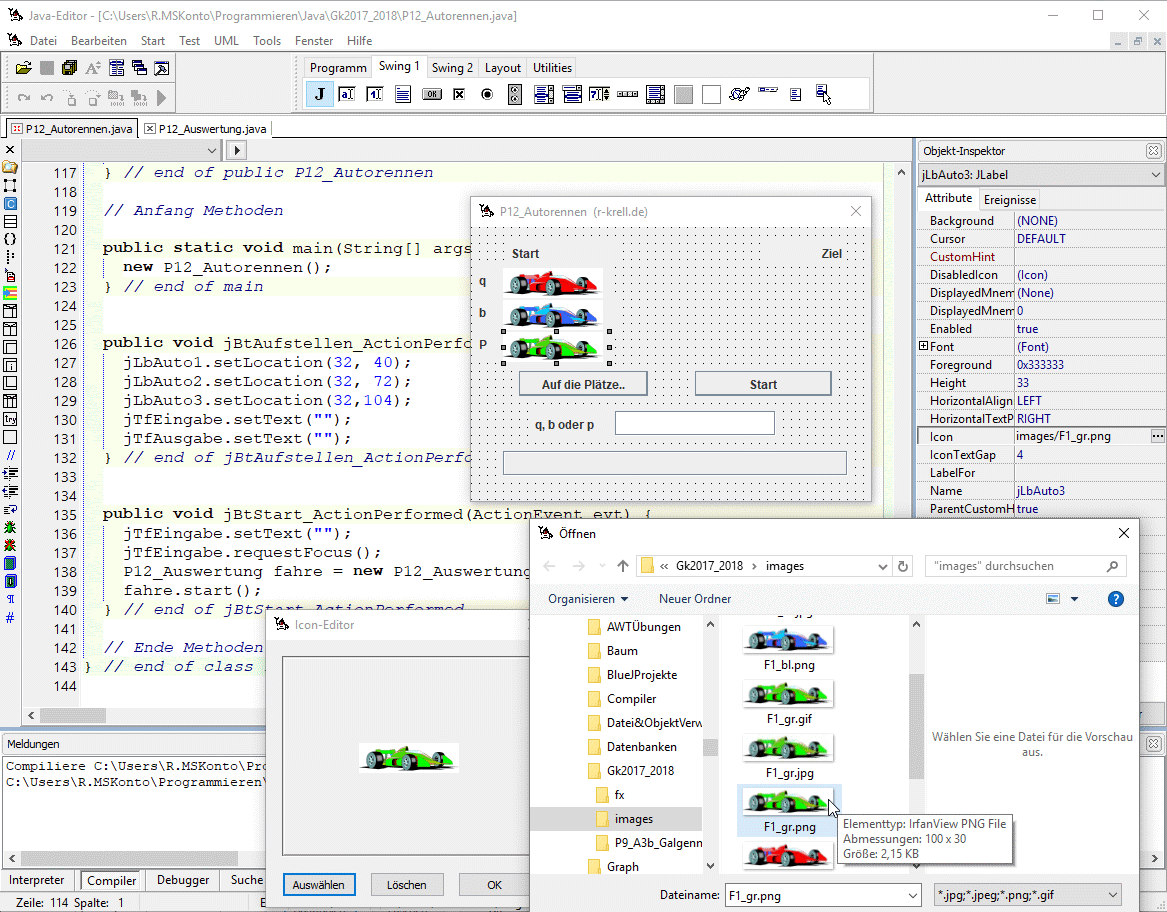 Bildschirmansicht Javaeditor mit Programm P12 und Icon-Auswahl für ein JLabel