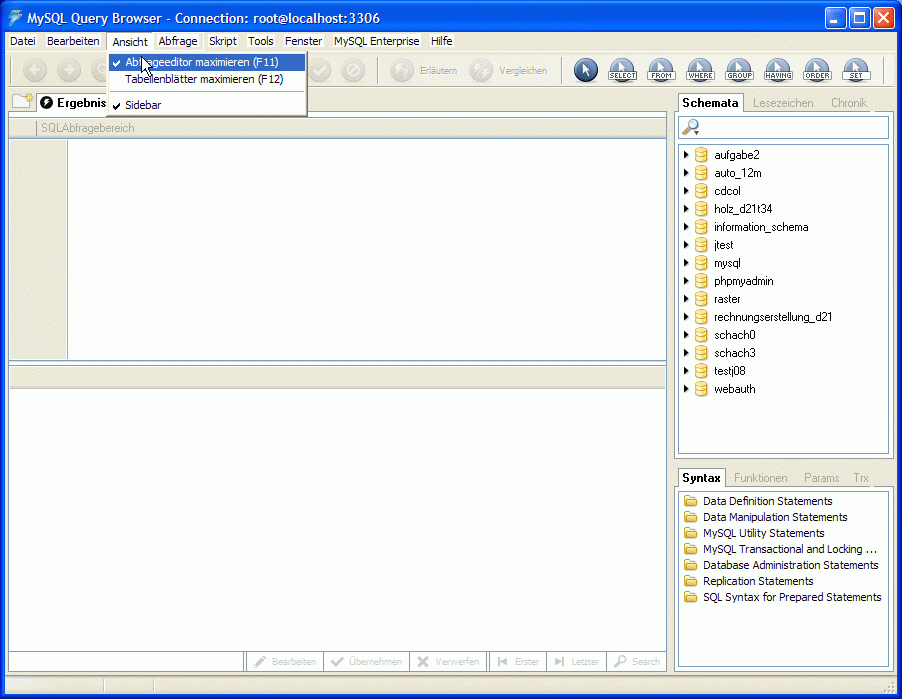 Bildschirmansicht MySQL-QueryBrowser