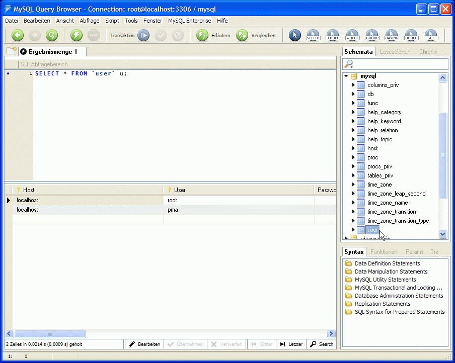 Bildschirmansicht MySQL-QueryBrowser mit Beispielabfrage