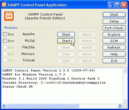 Bildschirmansicht XAMPP Control Panel zum Start von MySQL