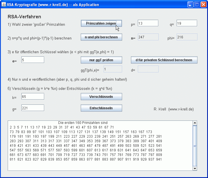 Bildschirmansicht: Programmoberfläche mit Beispiel für das RSA-Verfahren