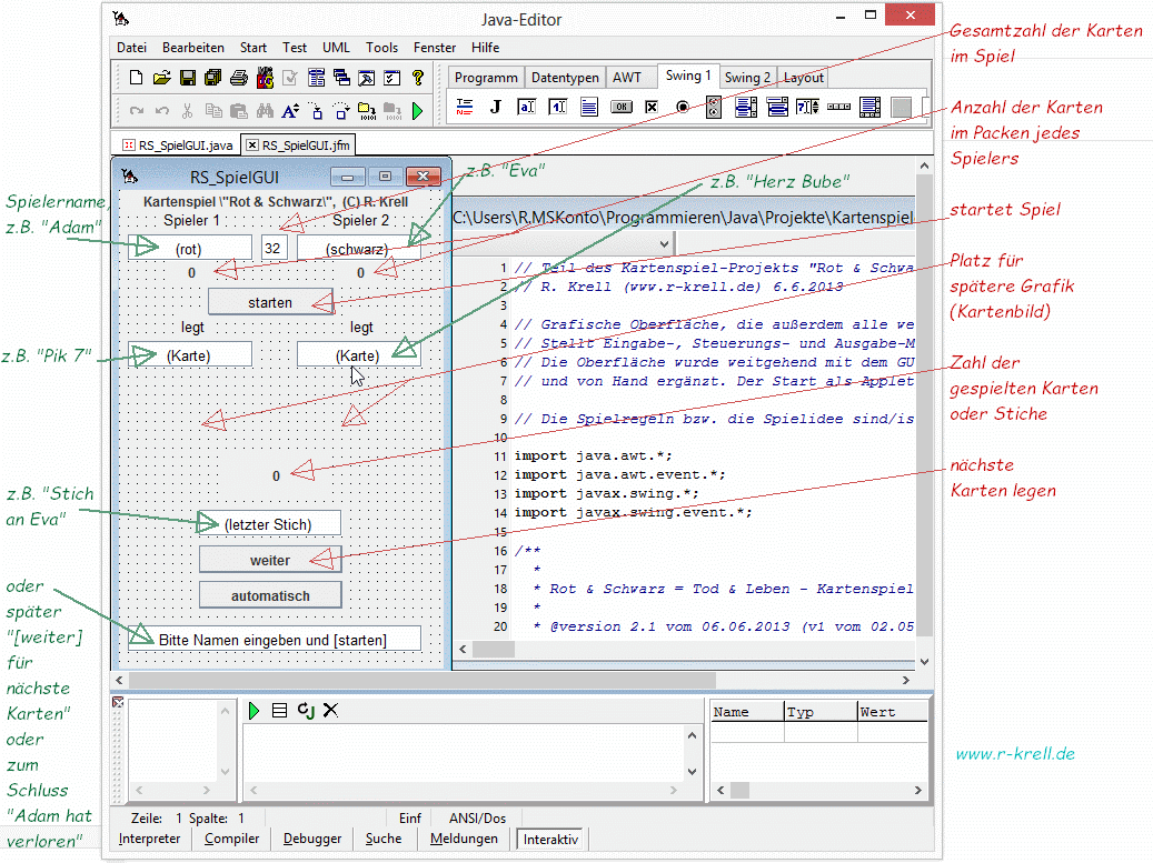 kommentierter Bildschirmabdruck: Oberfläche im Java-Editor