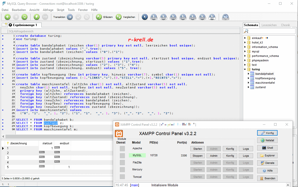 Bildschirmabdruck vom MySQL-Querybrowser mit SQL-Befehlen