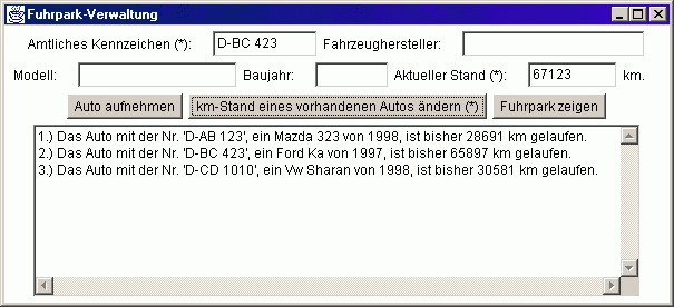 Bildschirmabdruck: Fuhrpark-Verwaltung, 1. Version