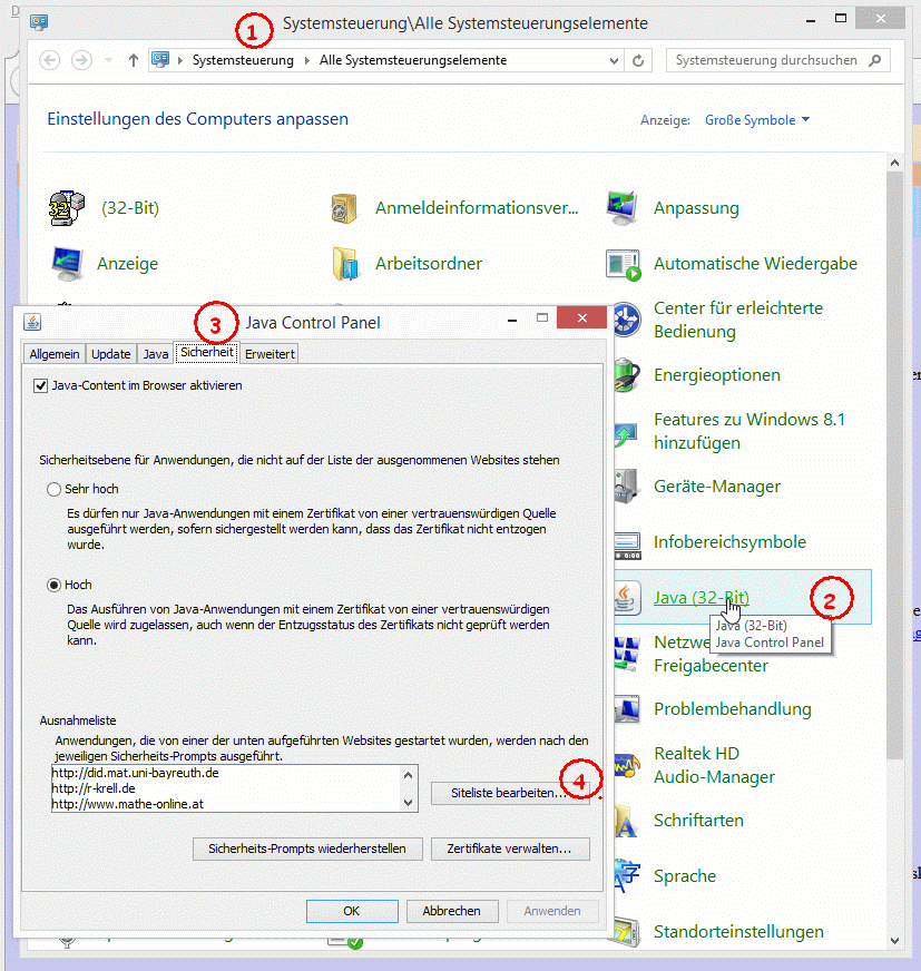 Bildschirmfoto der Systemsteuerung mit Java Control Panel