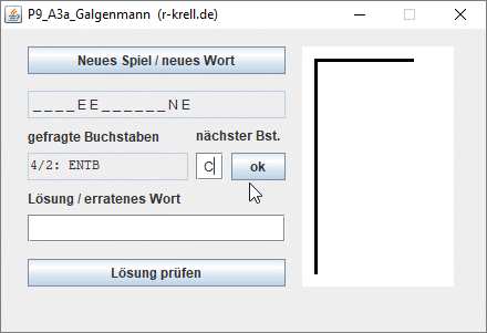 Bildschirmfoto: Galgenmann-Spiel nach 7 gefragten Buchstaben