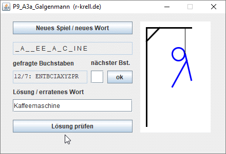 Bildschirmfoto: Galgenmann-Spiel nach 10 gefragten Buchstaben