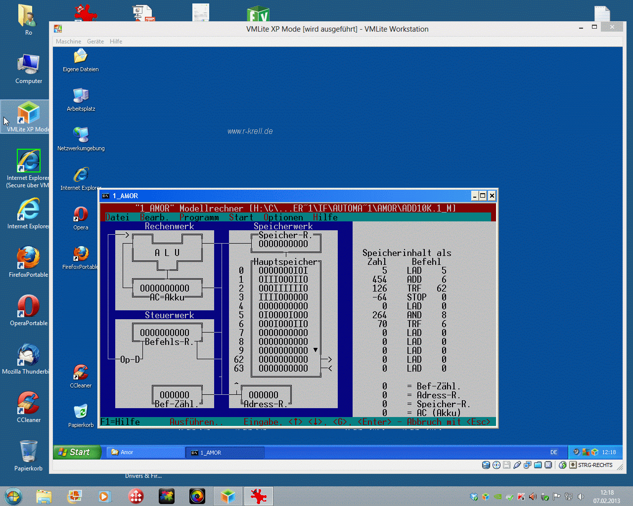1-AMOR wird in einem Fenster in VMLite XP-Mode unter Win8 ausgeführt